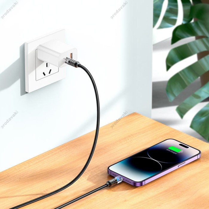 PD Кабель HOCO U122 Lantern Transparent Discovery Edition charging data cable Type-C Lightning 1,2m. Black