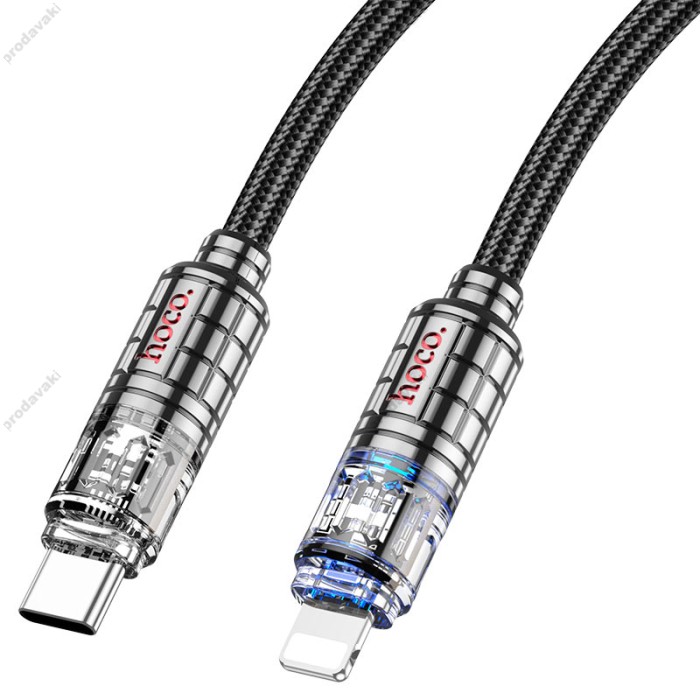 PD Кабель HOCO U122 Lantern Transparent Discovery Edition charging data cable Type-C Lightning 1,2m. Black