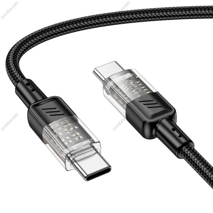 Кабель HOCO U129 Spirit transparent charging data cable Type-C to Type-C 60W 3A 1.2m Black