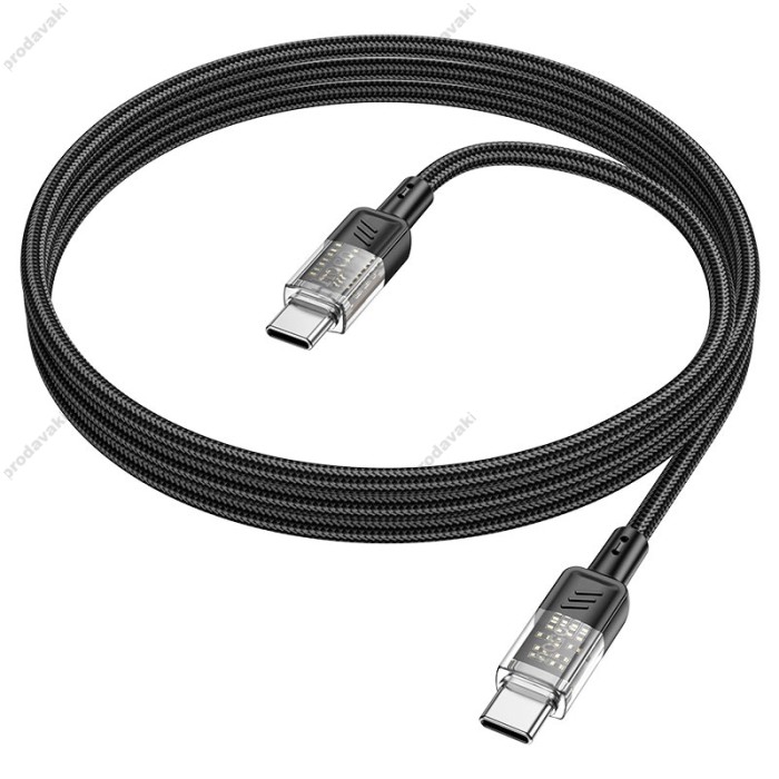 Кабель HOCO U129 Spirit transparent charging data cable Type-C to Type-C 60W 3A 1.2m Black