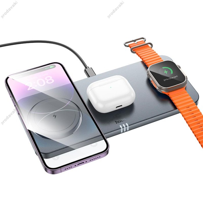 Бездротовий зарядний пристрій HOCO CQ22 Outstanding 3-in-1 desktop folding magnetic wireless fast charger 15W metal-grey
