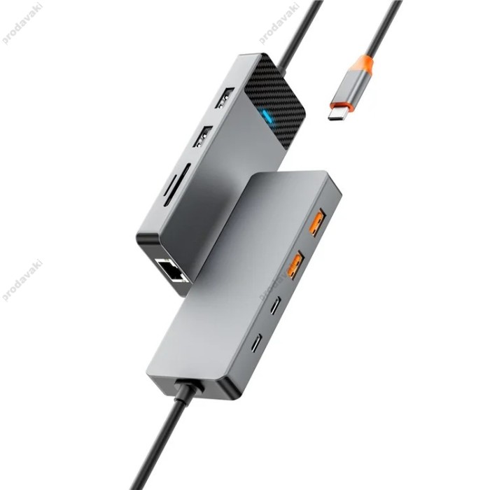 USB-Хаб Wiwu A923RPT Linker Hub 9в1 Type-C to 2xUSB 3.1+2USB 2.0+USB-C+RJ45+SD+TF+PD Grey