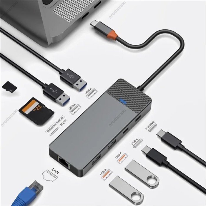 USB-Хаб Wiwu A923RPT Linker Hub 9в1 Type-C to 2xUSB 3.1+2USB 2.0+USB-C+RJ45+SD+TF+PD Grey