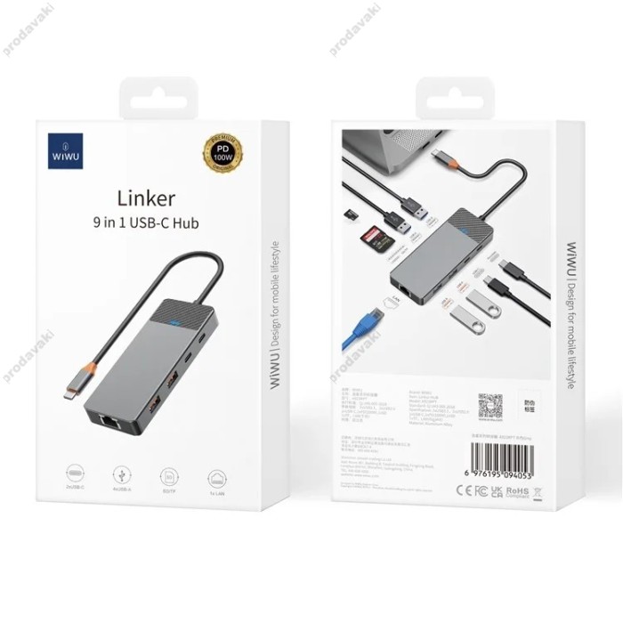 USB-Хаб Wiwu A923RPT Linker Hub 9в1 Type-C to 2xUSB 3.1+2USB 2.0+USB-C+RJ45+SD+TF+PD Grey