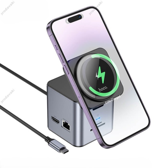 Бездротовий зарядний пристрій Type-C HUB (хаб) Hoco HB49 Effortless 9-in-1 wireless fast charging desktop station Gray