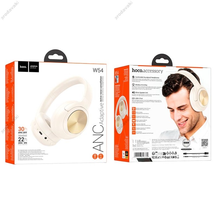 Бездротові навушники Bluetooth HOCO W54 Young headphones BT 5.4 ANC AUX USB-C 30h Milky white