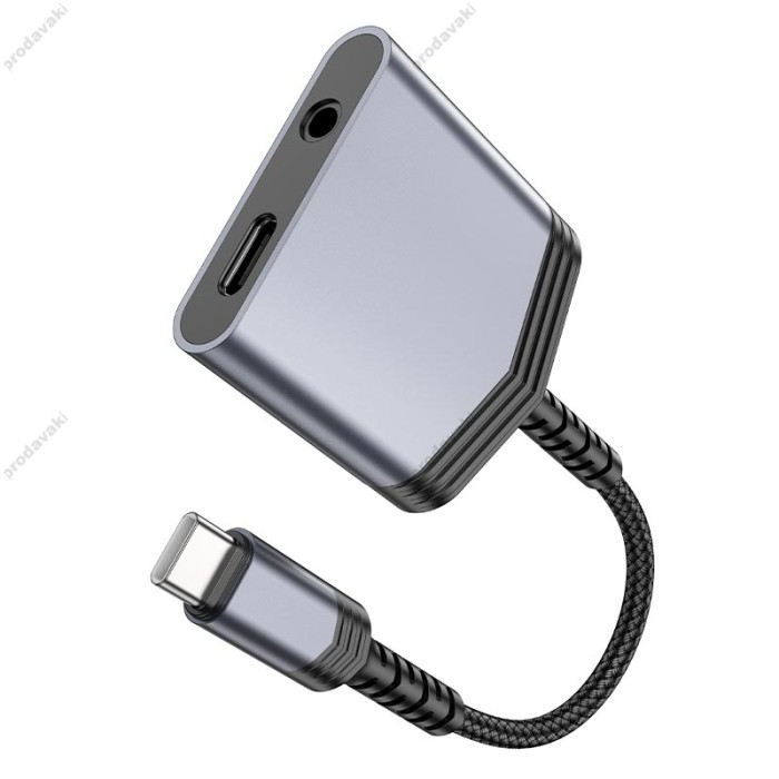 Перехідник картрідер адаптер HOCO LS39 Type-C to Type-C + 3.5 digital audio converter 27W DAC metal-grey