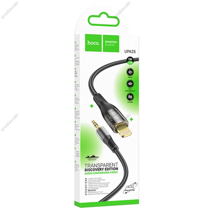 Кабель аудіоадаптер Hoco UPA25 Transparent Discovery Edition Digital audio conversion cable AUX - iP Lightning 1M Black