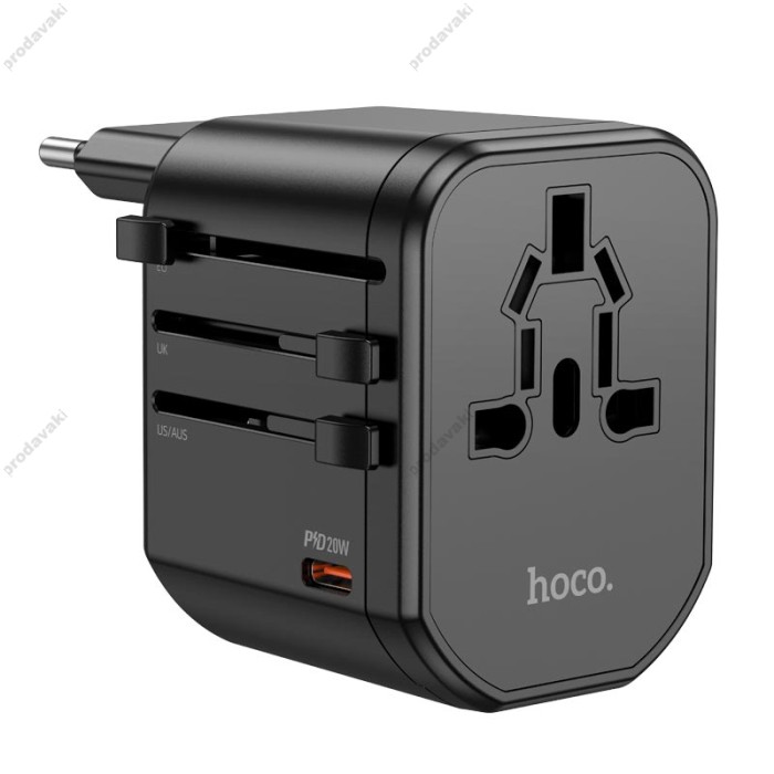 Мережевий адаптер перехідник для розеток HOCO AC15 Walker three-port PD20W universal conversion charger 2USB/Type-C Black