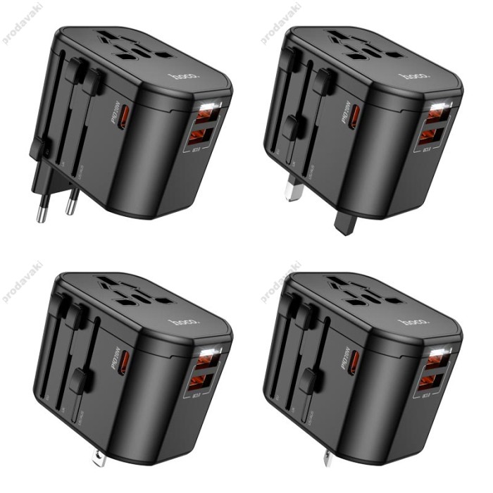 Мережевий адаптер перехідник для розеток HOCO AC15 Walker three-port PD20W universal conversion charger 2USB/Type-C Black