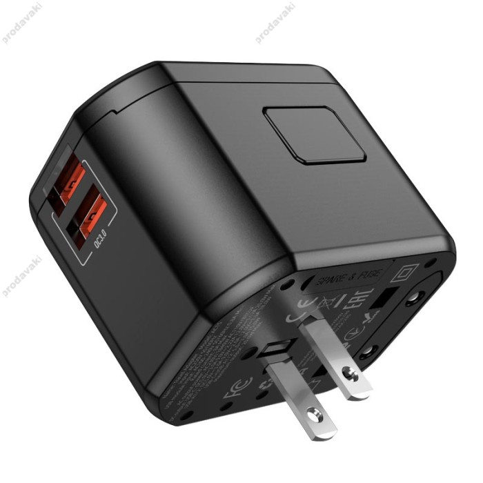 Мережевий адаптер перехідник для розеток HOCO AC15 Walker three-port PD20W universal conversion charger 2USB/Type-C Black
