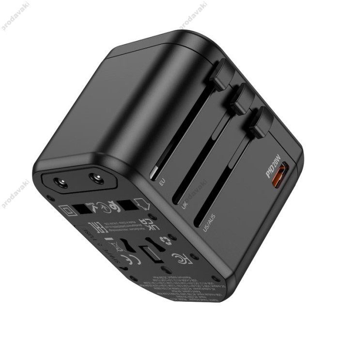 Мережевий адаптер перехідник для розеток HOCO AC15 Walker three-port PD20W universal conversion charger 2USB/Type-C Black