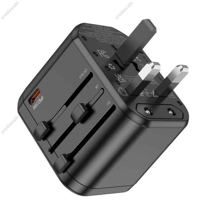 Мережевий адаптер перехідник для розеток HOCO AC15 Walker three-port PD20W universal conversion charger 2USB/Type-C Black