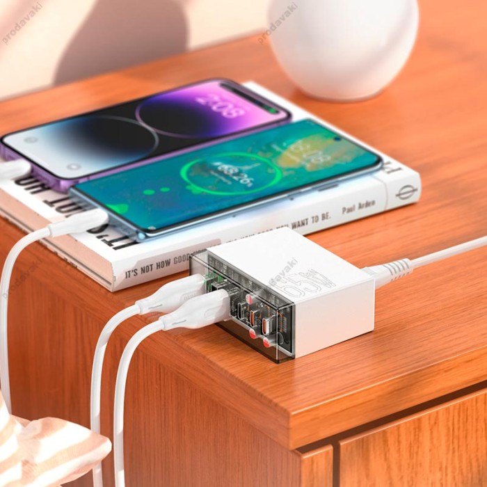 Мережевий зарядний пристрій HOCO N36 Fuerza six-port charger 3USB/3Type-C 65W/3A PD/QC transparent-black