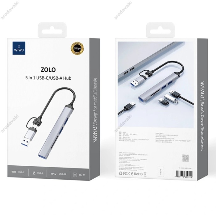 USB-Хаб Wiwu Wi-HB003 ZOLO 5в1 Type-C to USB3.0+2xUSB 2.0+SD+TF Grey