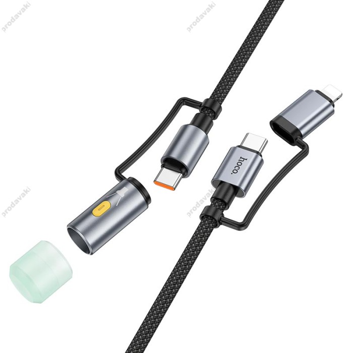 Кабель PD Hoco U138 All-in-one charging data cable c Lightning to Тype-C LED light 1.2m PD27 / 60W Black