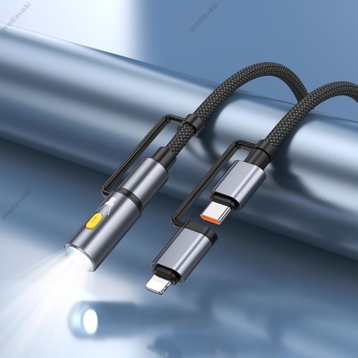Кабель PD Hoco U138 All-in-one charging data cable c Lightning to Тype-C LED light 1.2m PD27 / 60W Black
