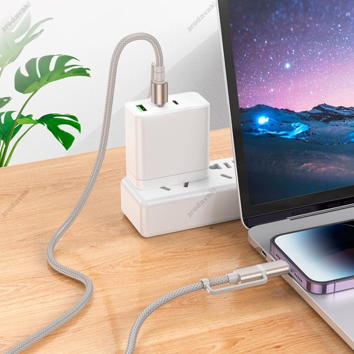 Кабель PD Hoco U138 All-in-one charging data cable c Lightning to Тype-C LED light 1.2m PD27 / 60W Black