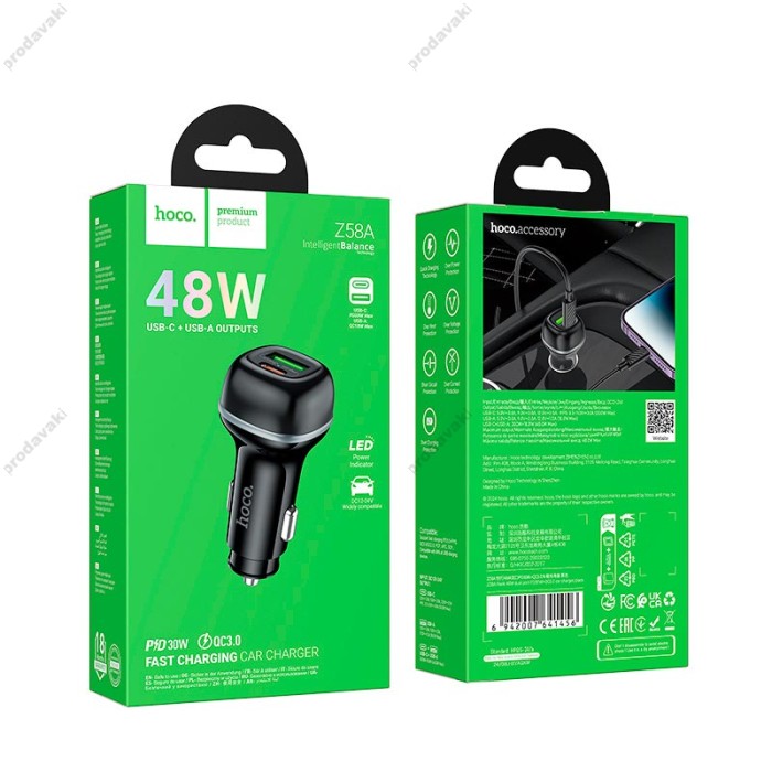 Автомобільний зарядний пристрій Hoco Z58A Rank dual port Car charger 48W Black