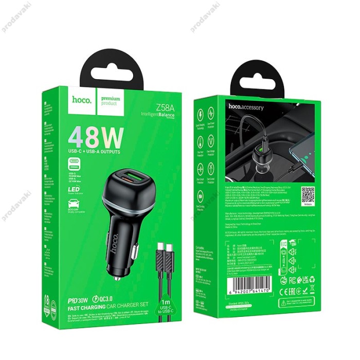 Автомобільний зарядний пристрій Hoco Z58A Rank dual port Car charger Type-C cable 48W Black