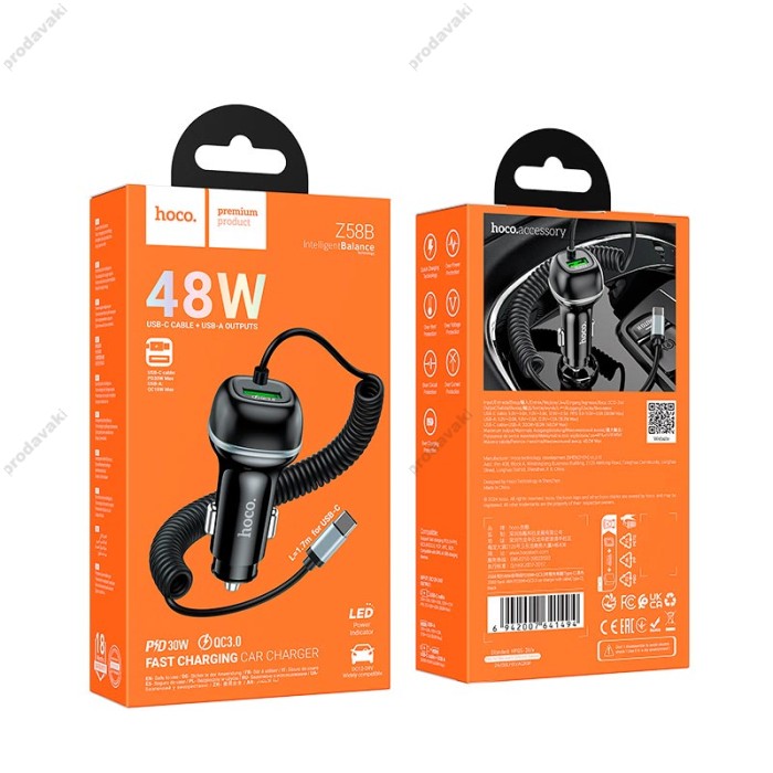 Автомобільний зарядний пристрій Hoco Z58B Rank Car charger Type-C cable 48W Black