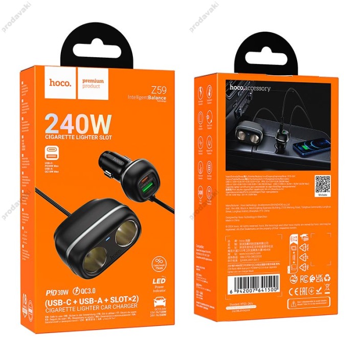 Автомобільний зарядний пристрій розгалужувач Hoco Z59 Rank dual port Car charger 240W PD30W Black