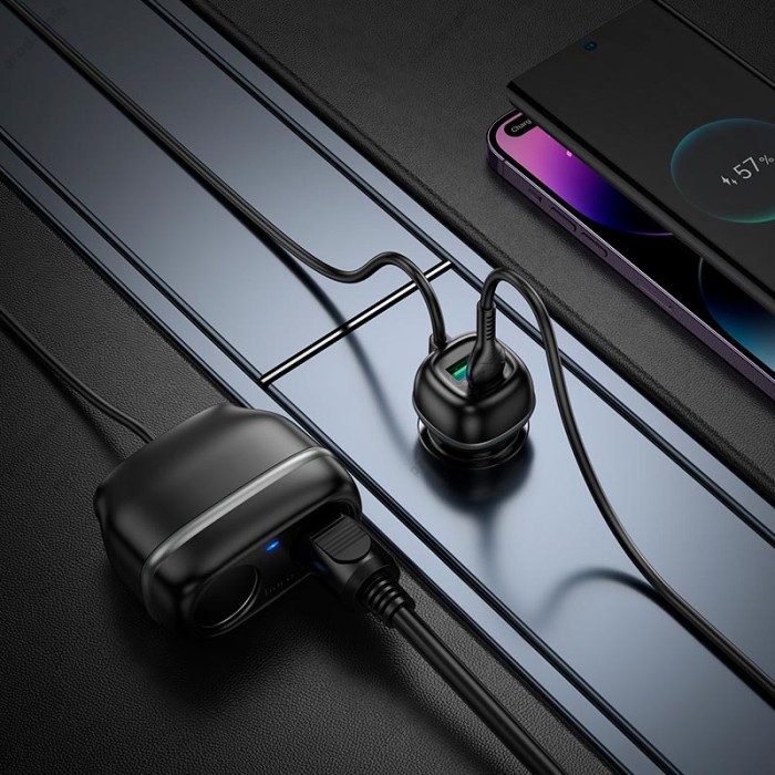 Автомобільний зарядний пристрій розгалужувач Hoco Z59 Rank dual port Car charger 240W PD30W Black