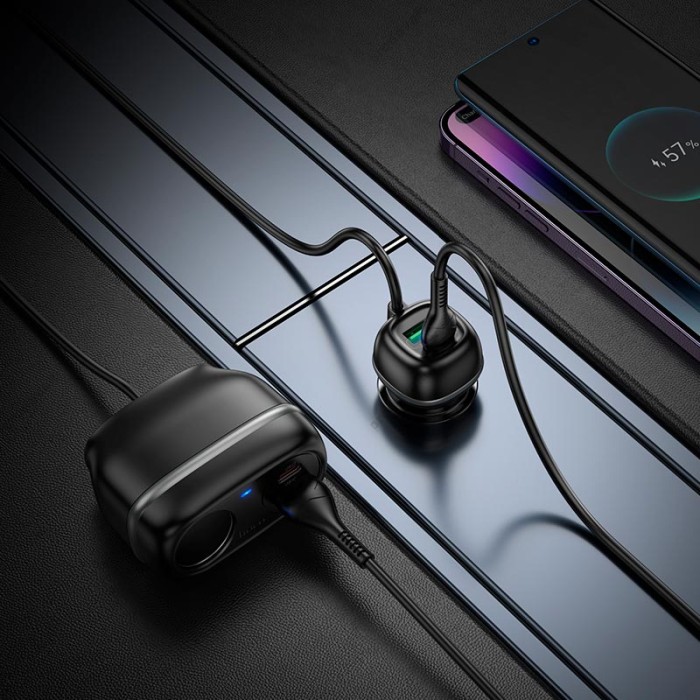 Автомобільний зарядний пристрій розгалужувач Hoco Z59A Rank Car charger 240W PD30W Black