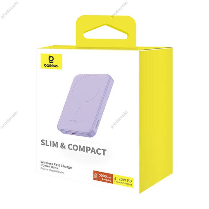 Повербанк портативний акумулятор Power bank Baseus Magnetic Mini Wireless MagSafe магнітний 20W 5000 mAh Purple P10022107513-00