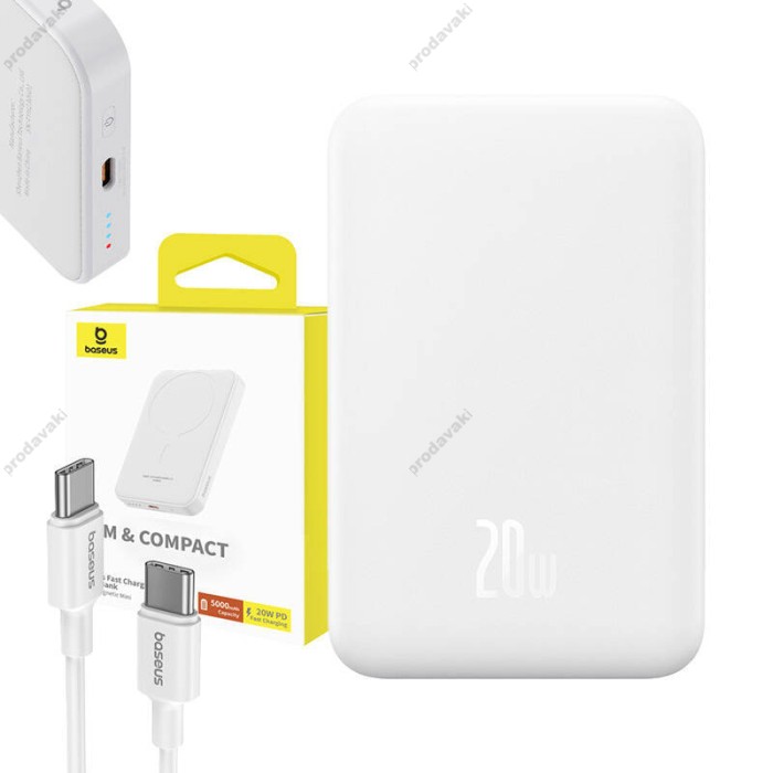 Повербанк портативний акумулятор Power bank Baseus Magnetic Mini Wireless MagSafe магнітний 20W 5000 mAh White P10022107223-00