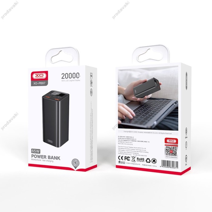 Повербанк портативний акумулятор Power bank XO PB97 Fast Charging 65W 20000 mAh Black