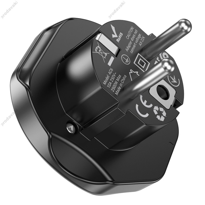 Мережевий адаптер HOCO AC6 Unimpeded universal conversion plug (EU) Black