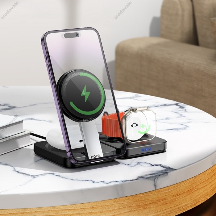 Бездротовий зарядний пристрій HOCO CQ11 Ingenious 3-in-1 folding magnetic wireless charger Black