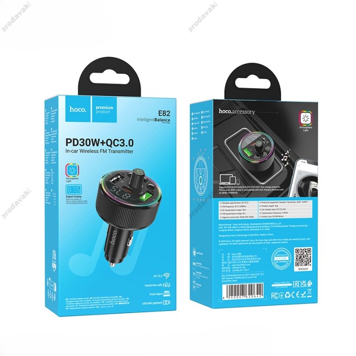 FM - трансмітер HOCO E82 Guerrero PD30W+QC3.0 car BT FM transmitter Black