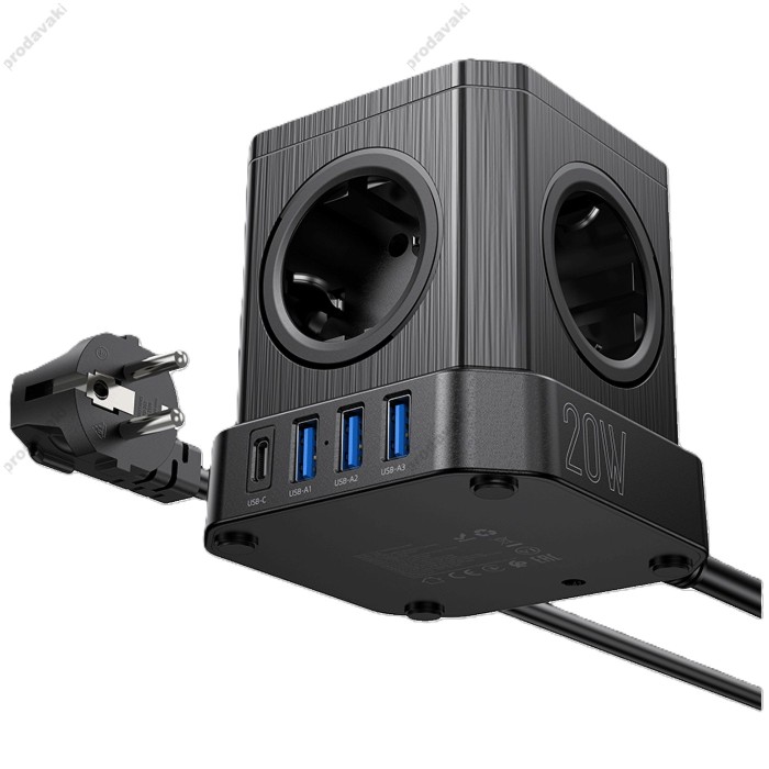 Подовжувач мережевий фільтр HOCO NS8 Sharp 5 position (PD20W/1C3A) desktop socket EU/GER Black