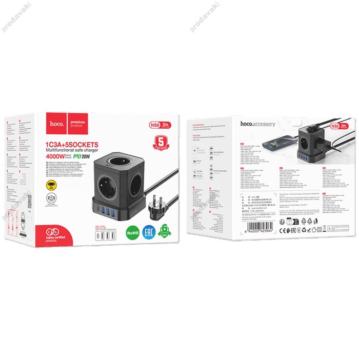 Подовжувач мережевий фільтр HOCO NS8 Sharp 5 position (PD20W/1C3A) desktop socket EU/GER Black