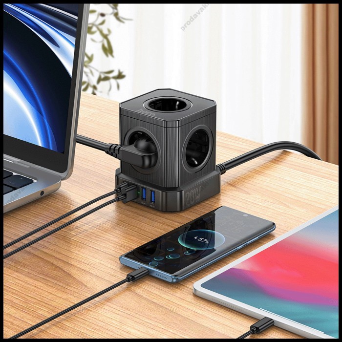 Подовжувач мережевий фільтр HOCO NS8 Sharp 5 position (PD20W/1C3A) desktop socket EU/GER Black