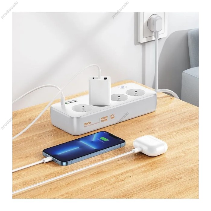 Подовжувач мережевий фільтр Hoco AC22 Sunlight 4-bit desktop socket (L=1.5M) 3USB/1Type-C 30W/3A PD/QC white