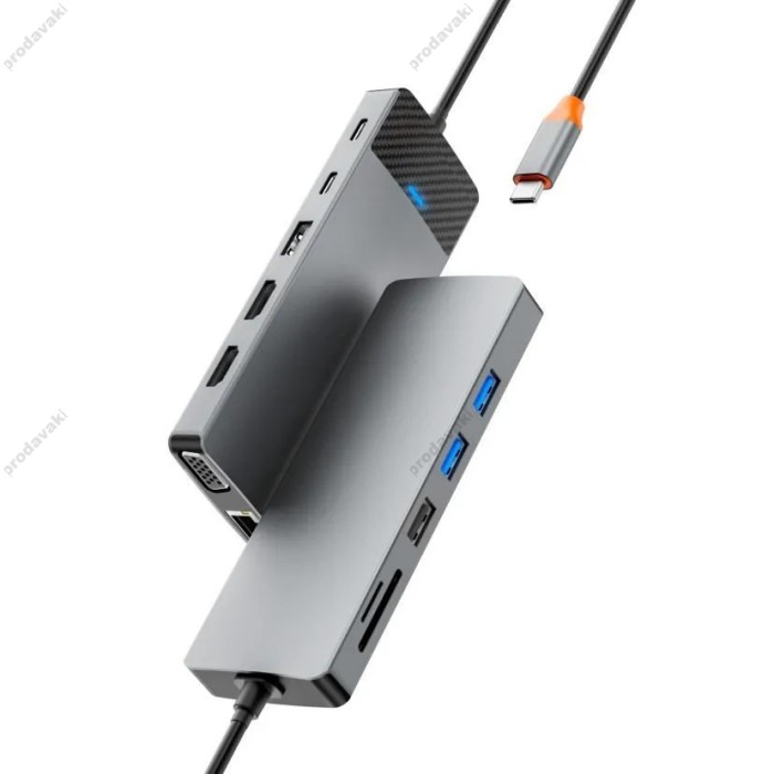 USB-Хаб Wiwu Linker Hub 12в1 Type-C to 2xHDMI+2xUSB 3.0+2xUSB 2.0+USB-C+RJ45+VGA+SD+TF+PD Grey
