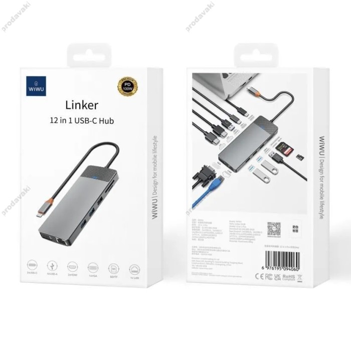 USB-Хаб Wiwu Linker Hub 12в1 Type-C to 2xHDMI+2xUSB 3.0+2xUSB 2.0+USB-C+RJ45+VGA+SD+TF+PD Grey