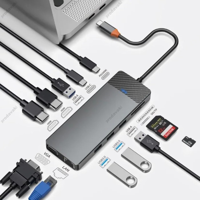 USB-Хаб Wiwu Linker Hub 12в1 Type-C to 2xHDMI+2xUSB 3.0+2xUSB 2.0+USB-C+RJ45+VGA+SD+TF+PD Grey