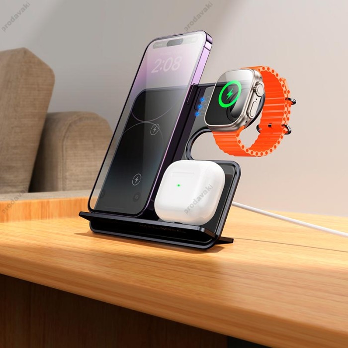Бездротовий зарядний пристрій HOCO CQ19 Falcon 3 in 1 desktop vertical wireless fast charging CQ19 15W Silver