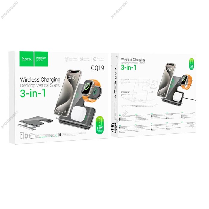 Бездротовий зарядний пристрій HOCO CQ19 Falcon 3 in 1 desktop vertical wireless fast charging CQ19 15W Metal-grey