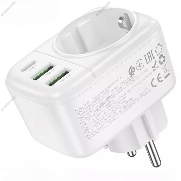Мережевий фільтр Hoco AC26 2U / 1P / 1C розетка EU 4000W / PD20W / 2USB QC20W White