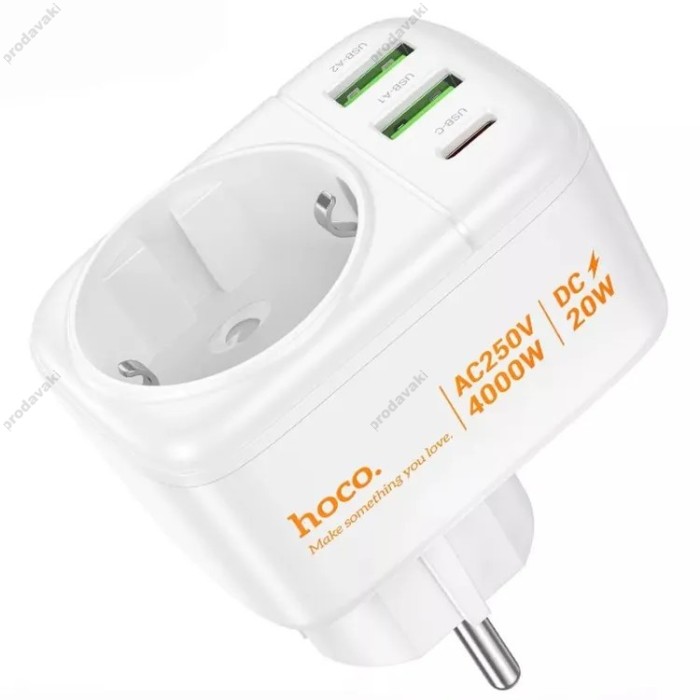 Мережевий фільтр Hoco AC26 2U / 1P / 1C розетка EU 4000W / PD20W / 2USB QC20W White