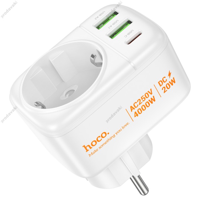 Мережевий фільтр Hoco AC26 2U / 1P / 1C розетка EU 4000W / PD20W / 2USB QC20W White