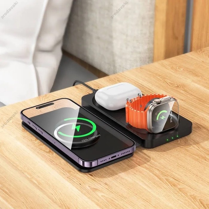 Бездротовий зарядний пристрій HOCO CQ13 Triumph 3 в 1 travel folding wireless швидка зарядка Black