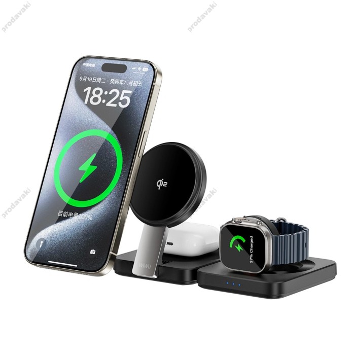 Бездротова зарядка WiWU Wi-W028 3 in 1 Magnetic Wireless Charging Stand with Led Indicator and Fast Charging