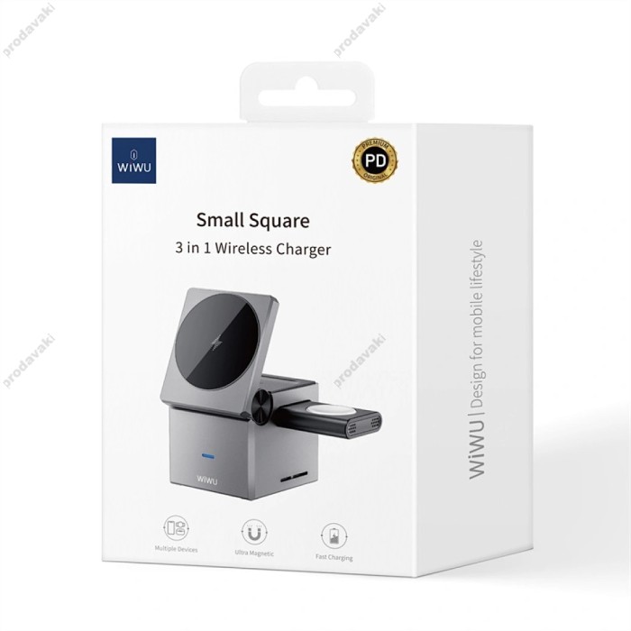 Бездротова зарядка WiWU Wi-W030 Small Aquare 3 in 1 wireless charger Grey
