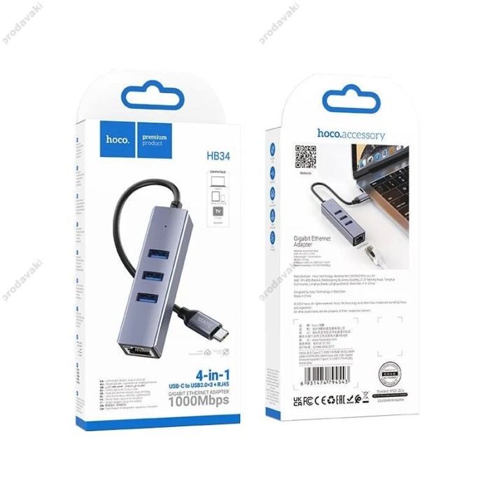 USB-Хаб Hoco HB34 Easy link Gigabit Ethernet adapter 4в1 Type-C to 3xUSB 3.0+RJ45 Metal Grey